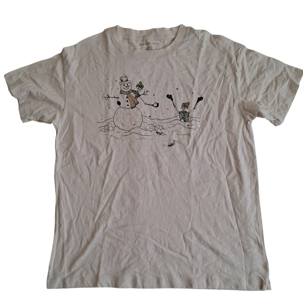 NWT American Eagle T-Shirt Snowman Graphic Short Sleeve Tee Tan Mens Size L XL